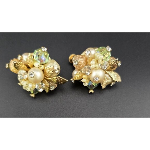 Vntg Vendome Gold-Tone Clip-On Earrings Faux Pearls & Aurora Borealis STUNNING - Picture 1 of 7